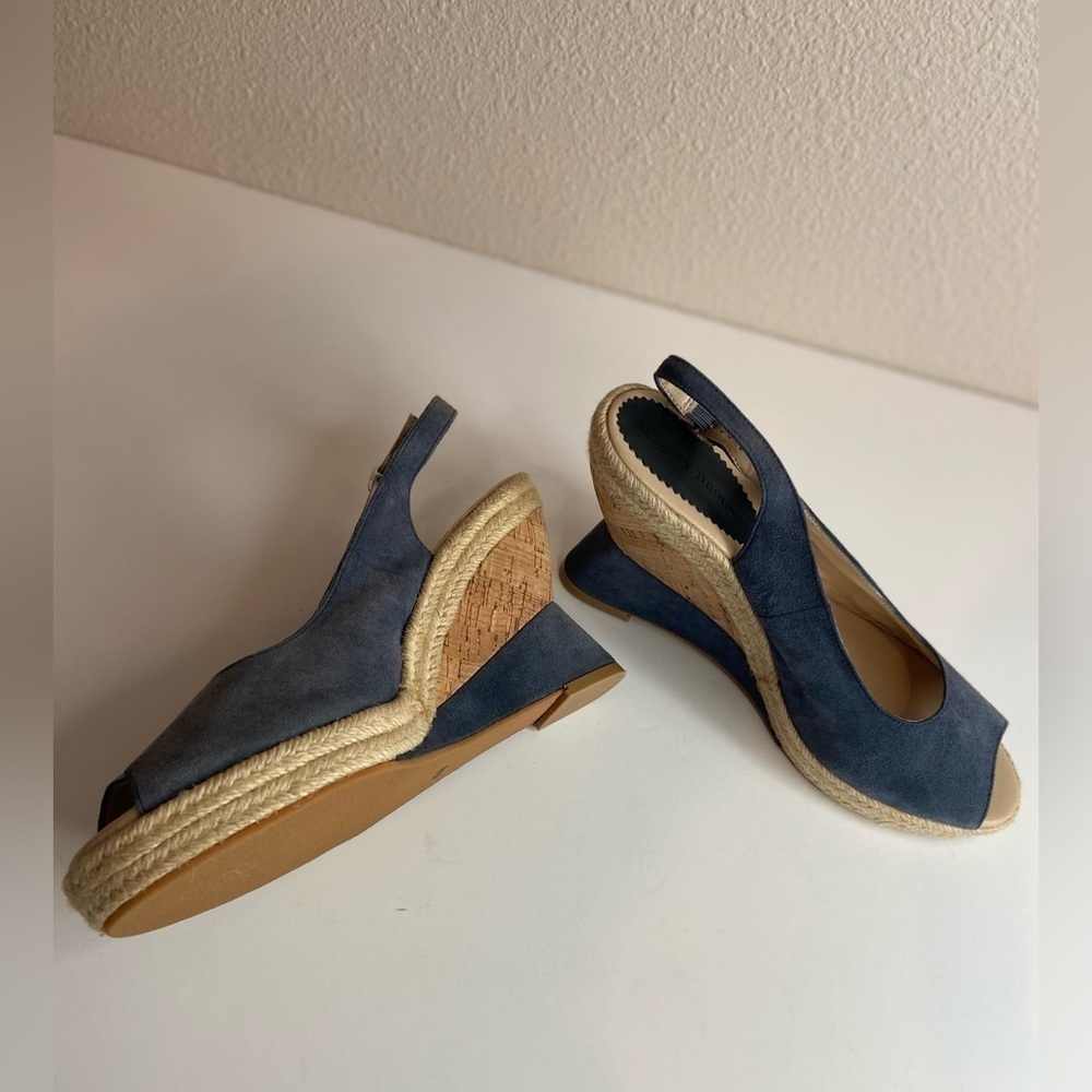 Audrey Brooke~Blue Faux Suede~Espadrille Cork Wedge~Peep Toe~Sandal~Size 8.5B